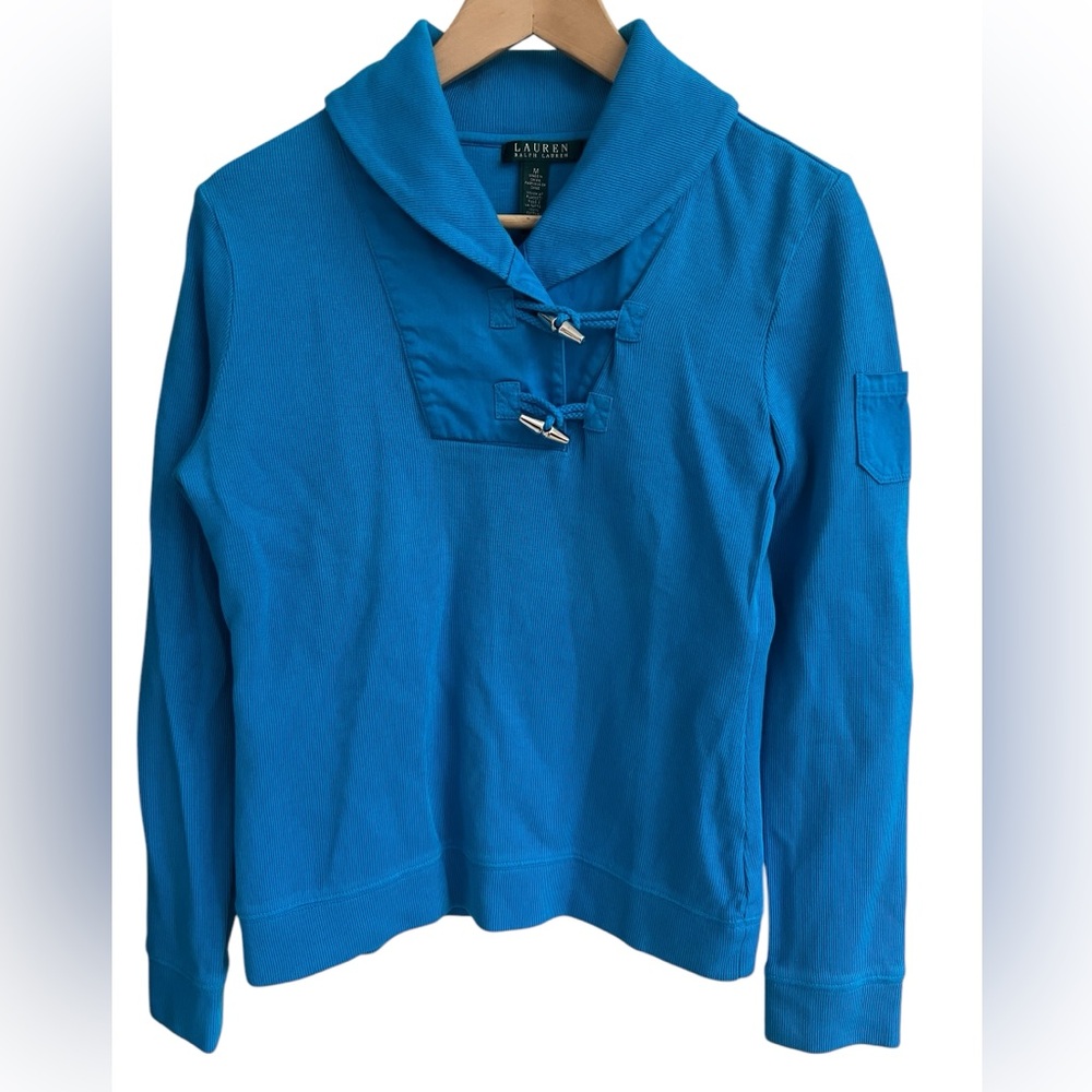 LAUREN Ralph Lauren LRL Teal Blue Knit Ribbed Sweater Silver Toggle Shawl Collar